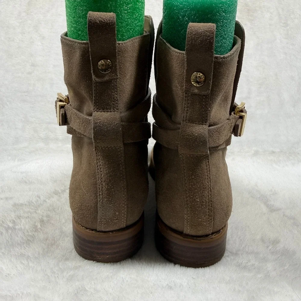 Michael Kors Womens Taupe Suede Buckle Ankle Boots Gold Logo Plate 7.5